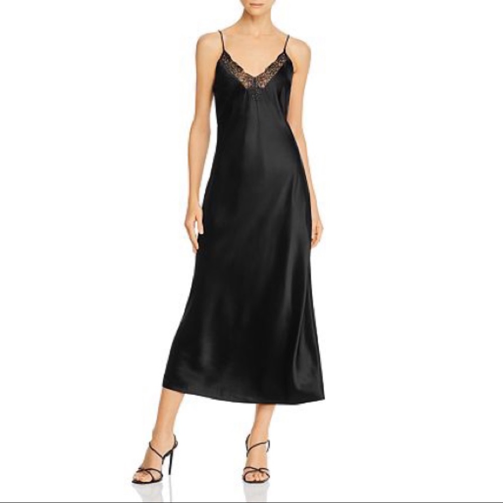 BNWT Anine Bing Katy Lace-Trimmed Silk Charmeuse Midi Dress in Size Small, BLK